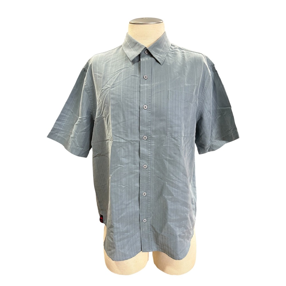 Tony Hawk Mens Button Up Shirt Large Light Blue Pinstripe Short Sleeve